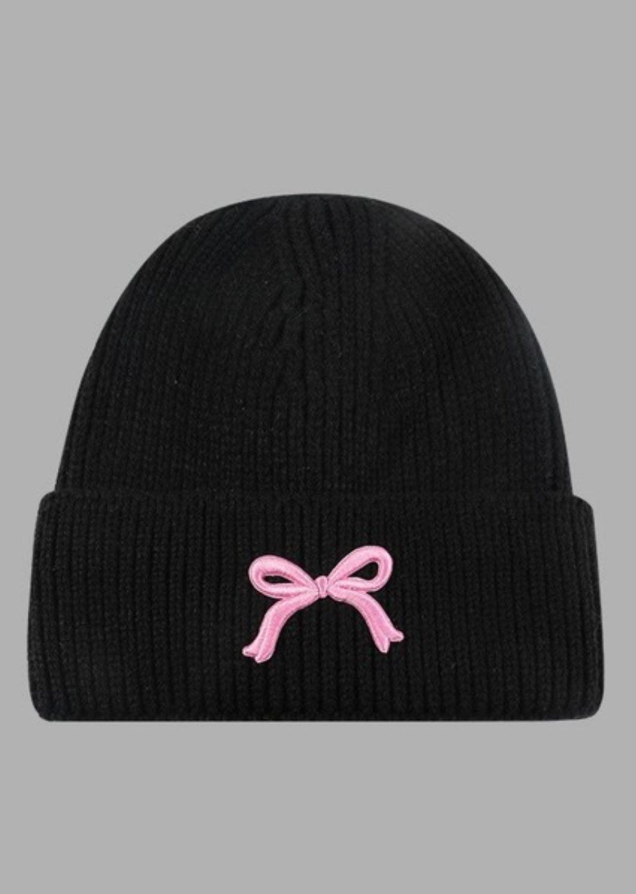 Black + Pink Knit Bow Beanie