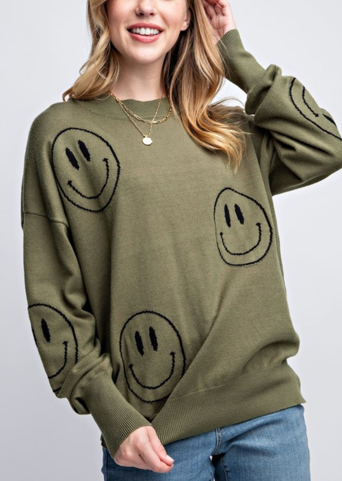 Olive Smiley Face Sweater- 1 S/M