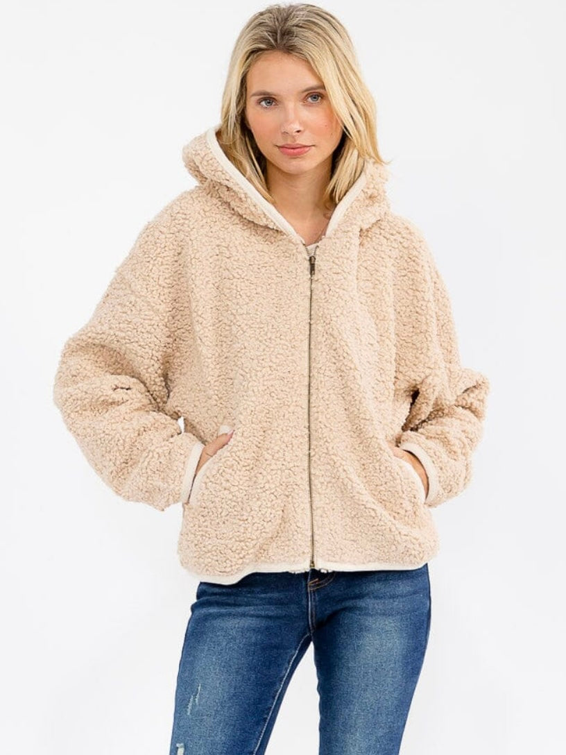 Taupe Hooded Sherpa Jacket