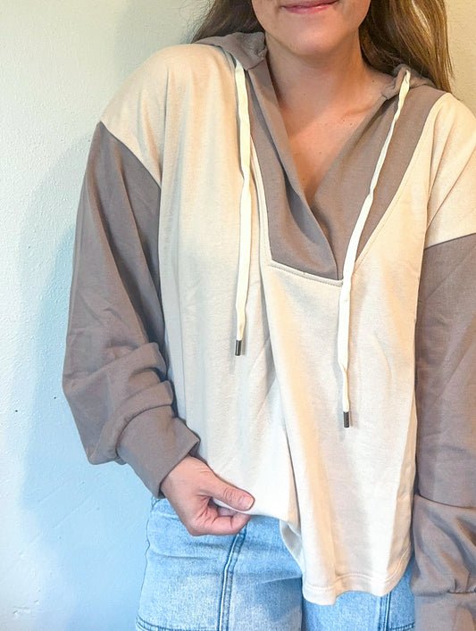 Taupe Hooded Colorblock Pullover