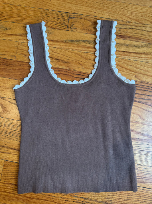 Brown Ribbed Pearl Fitted Tank