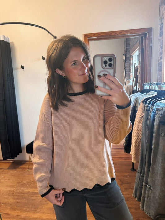 Khaki Scallop Trim Sweater