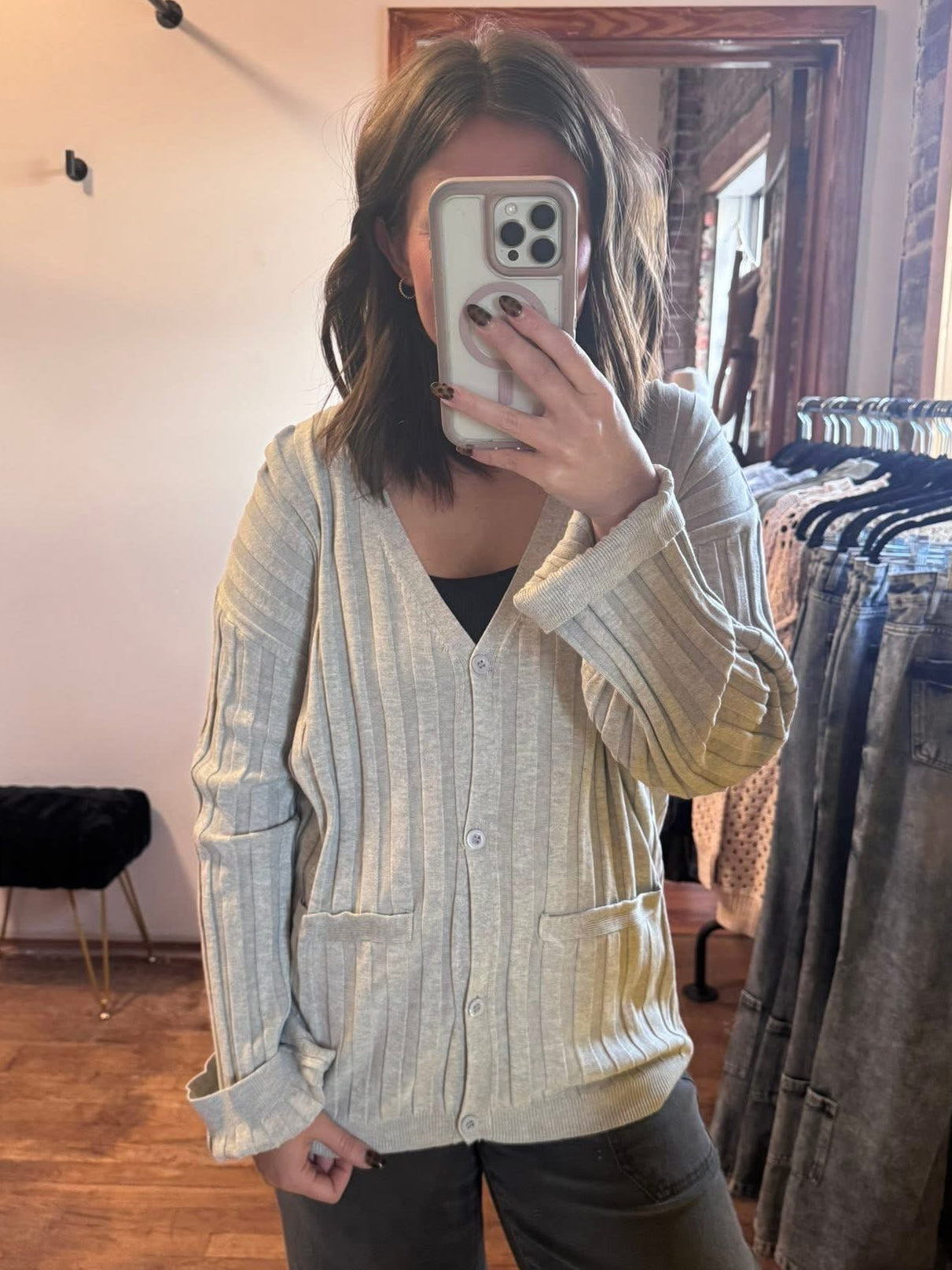 Heather Grey Ribbed Cardigan- 1 Medium